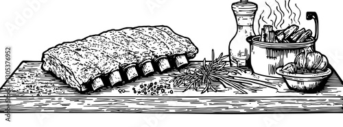Classic engraved illustration of a meat dish on a wooden platter with seasoning and cooking utensils
