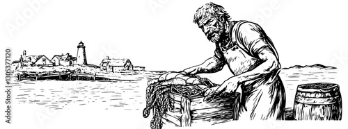 Engraved illustration of a fisherman preparing his catch near a coastal village at sunset