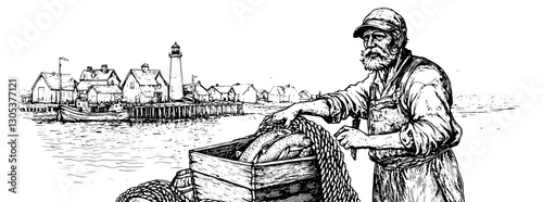 Fisherman preparing equipment at a coastal village with a lighthouse in the background on a clear day