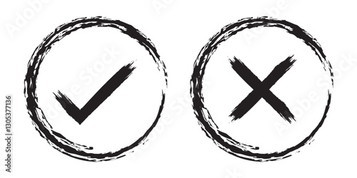 Tick and cross vector. Brush stroke of yes and no button. Check mark and cross icon set illustration.