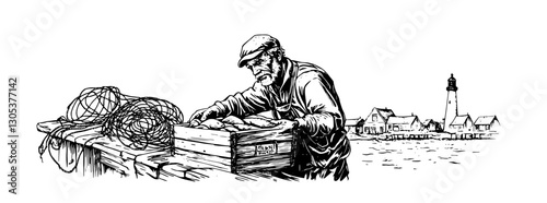 Engraved illustration of a fisherman preparing his catch by the harbor with a lighthouse in the background