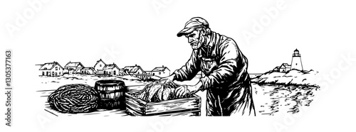 Engraved illustration of a fisherman preparing catch near a coastal village at sunset