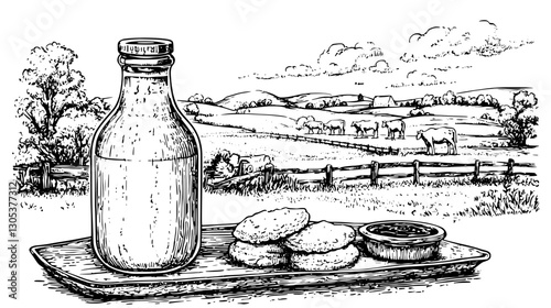 Engraved illustration of milk bottle and cookies on a plate with serene countryside landscape and grazing cattle in background