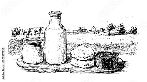 Engraved illustration featuring dairy products and baked goods in a rustic farm setting with livestock in the background