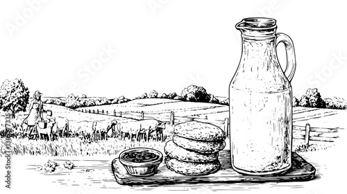 Rural dairy farm with milk, biscuits, and peaceful landscape surrounding cows in the countryside