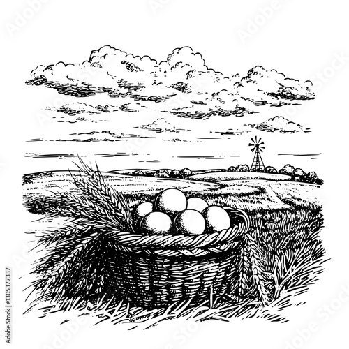 Engraved illustration of a rural landscape featuring a basket of eggs and a windmill against a cloudy sky
