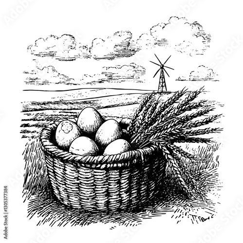 Basket of eggs and wheat in a rural landscape with windmill under a cloudy sky