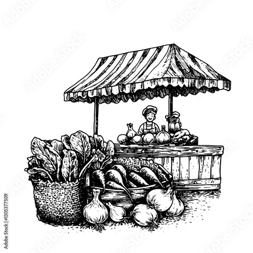 Vegetable market with vendors selling fresh produce under striped awning in vintage engraving style