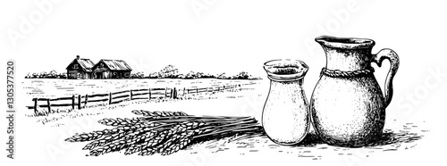 Engraved illustration of rural landscape with milk jugs and wheat sheaves near farmhouse