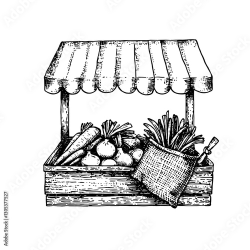 Detailed engraved illustration of a rustic market stand showcasing fresh vegetables and herbs in a simple wooden crate