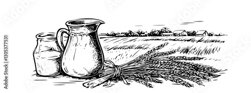 Engraved illustration of milk jugs and wheat on a farm landscape during a sunny day