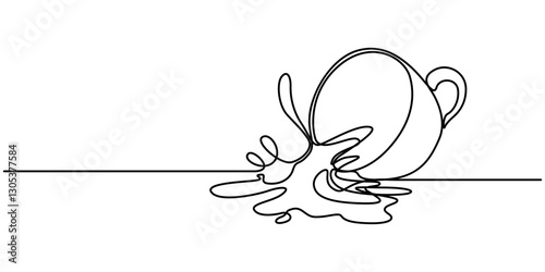 A cup of drink continuous one line drawing vector illustration. Coffee or tea splashes out of the cup, Single continuous line drawing coffee splashing out of cup. Cup of tea with tea and splashes. 