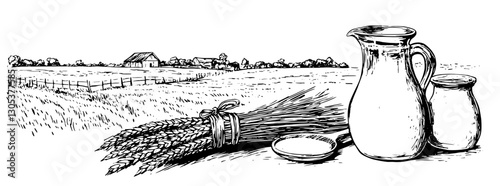 Engraved illustration of wheat harvest with farm landscape and dairy products in a rural setting