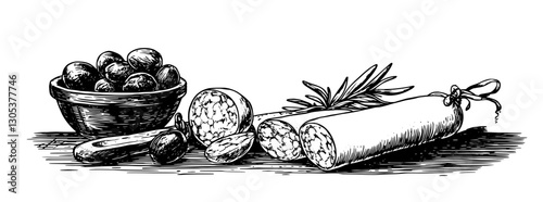 Engraved illustration of culinary ingredients with herbs and cured meats on rustic wooden surface