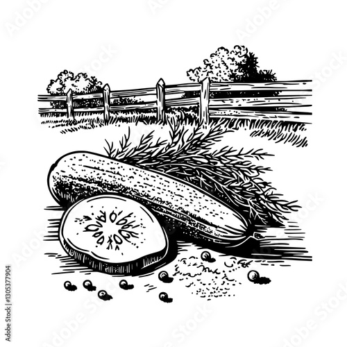 Engraved illustration of cucumber and dill on a rustic farm landscape