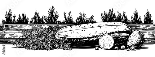 Detailed engraved illustration of fresh vegetables resting on wooden surface in natural setting