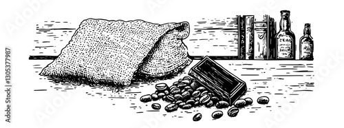 Engraved vector illustration of coffee beans spilling from a bag with bottles and books on a table