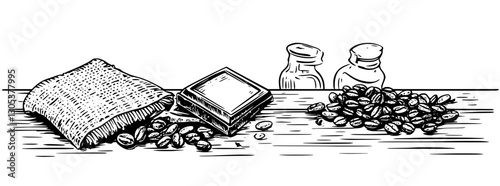 Engraved illustration of coffee beans, sugar, and cream on wooden table showcasing preparation ingredients