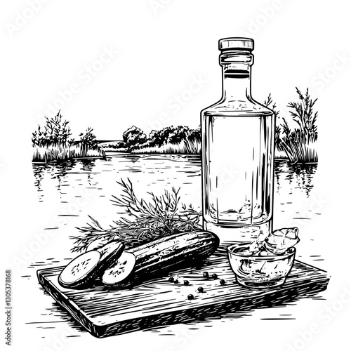 Cucumber and herbs displayed by a river with a glass bottle and bowl of dip during a sunny day