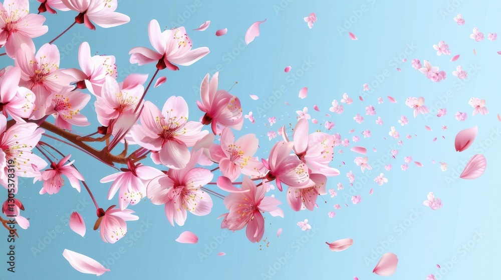 Cherry blossom branch adorned with flying petals against a serene blue sky background Cherry blossom branch adorned with flying petals against a serene blue sky background