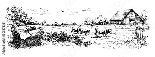 Engraved pastoral landscape showcasing cows grazing near a barn with a nearby basket of produce in a serene countryside setting