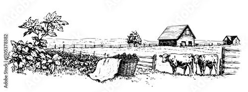 Scenic rural landscape with cows, barn, and crops in a tranquil countryside setting