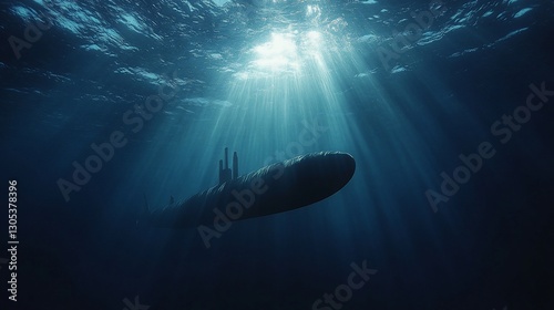Dramatic underwater scene of a submarine illuminated by sun rays