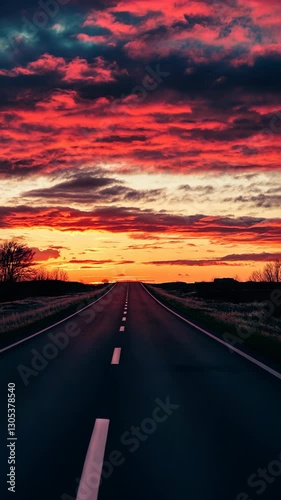 Sunset sky with vibrant colors over an empty road stretching into the horizon during twilight