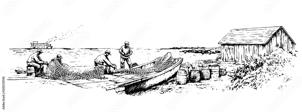 Fototapeta premium Engraved illustration of fishermen working on a boat near a seaside cottage during the day