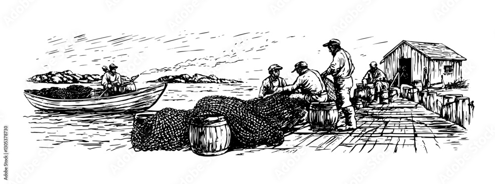 Obraz premium Engraved illustration of fishermen working on a dock by the sea while preparing nets and catching fish