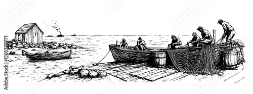 Engraved illustration of fishermen working by the dock at a coastal location during the day