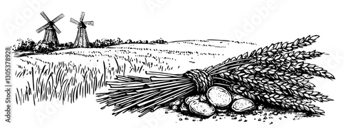 Engraved illustration of wheat sheaves and potatoes near windmills in a countryside landscape