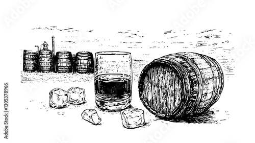 Engraved illustration of a whiskey glass with ice cubes and a wooden barrel in a distillery setting