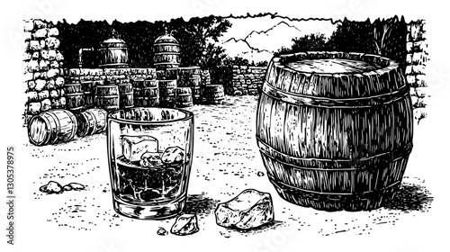 Engraved illustration of a rustic distillery with a glass of whiskey and a wooden barrel in a historic setting