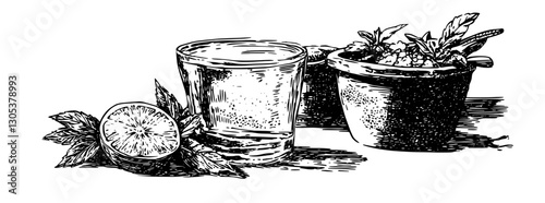 Engraved illustration of a glass of drink with mint and lime situated beside potted herbs