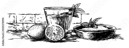 Refreshing beverage with lemon, mint, and sugar on rustic table captured in engraved illustration