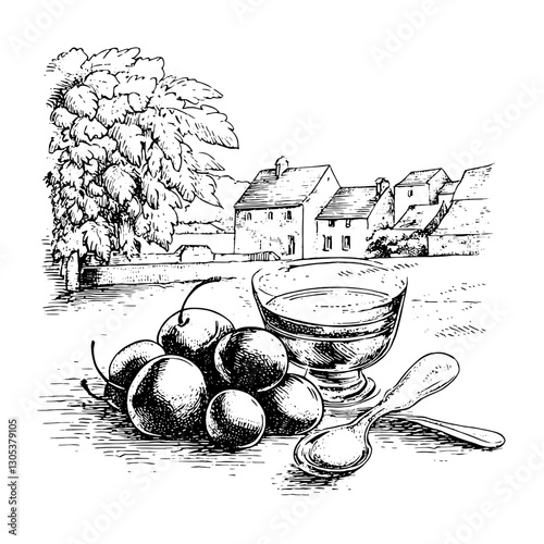 Engraved illustration of fruit and dessert in a countryside setting with houses and trees