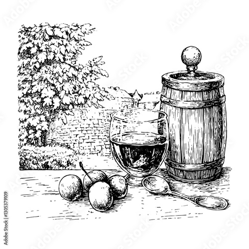 Engraved illustration of a glass of wine, barrel, and cherries in a serene outdoor setting