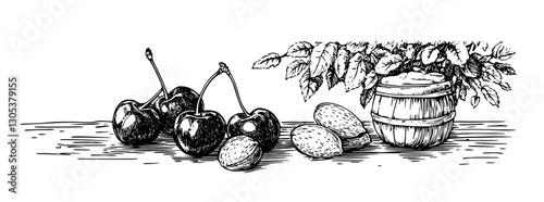 Engraved illustration of cherries and nuts with a rustic barrel on a wooden table in a calm, natural setting