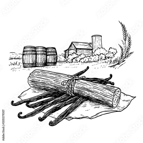 Engraved illustration showcasing vanilla beans and rustic farm setting with barrels and barn details