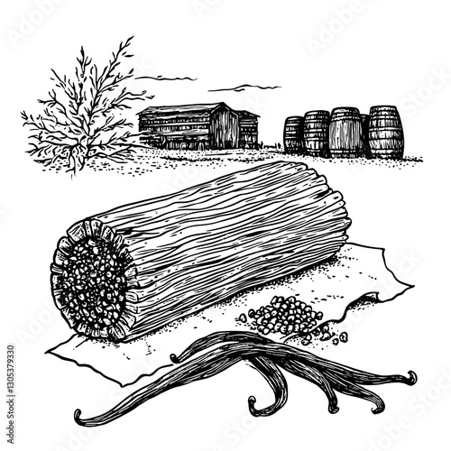 Engraved vector illustration featuring vanilla beans, a log, and a rustic farm setting with barrels and trees