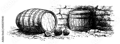 Engraved vector illustration of barrels and figs in a rustic setting with stone wall background