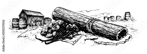 Engraved illustration of rustic farm tools and harvested crops in a countryside setting