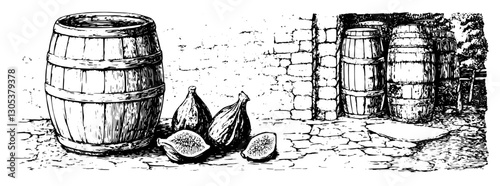 Engraved illustration depicting barrels and fresh figs in a rustic setting with stone walls and cobbled ground