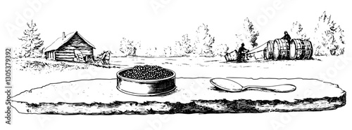 Engraved illustration of a rustic setting featuring caviar on a wooden board with a simple spoon beside it