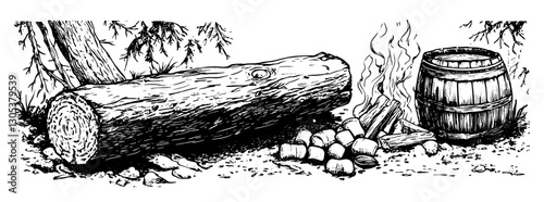 Engraved illustration of a rustic campsite featuring a log, firewood, and a barrel