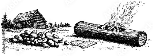 Engraved illustration of a rustic scene with a log cabin, wood pile, and campfire preparation in a natural setting