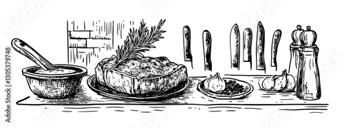 Detailed engraved illustration of culinary items on a wooden table featuring bread and condiments