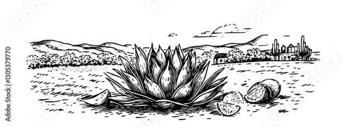 Engraved illustration depicting agave plant in a rural landscape with mountains and traditional houses