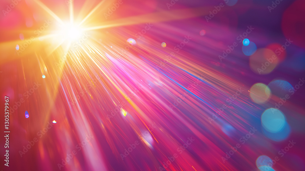 Obraz premium Golden Sparkling Light Rays with Colorful Bokeh and Abstract Glowing Particles for Elegant Backgrounds